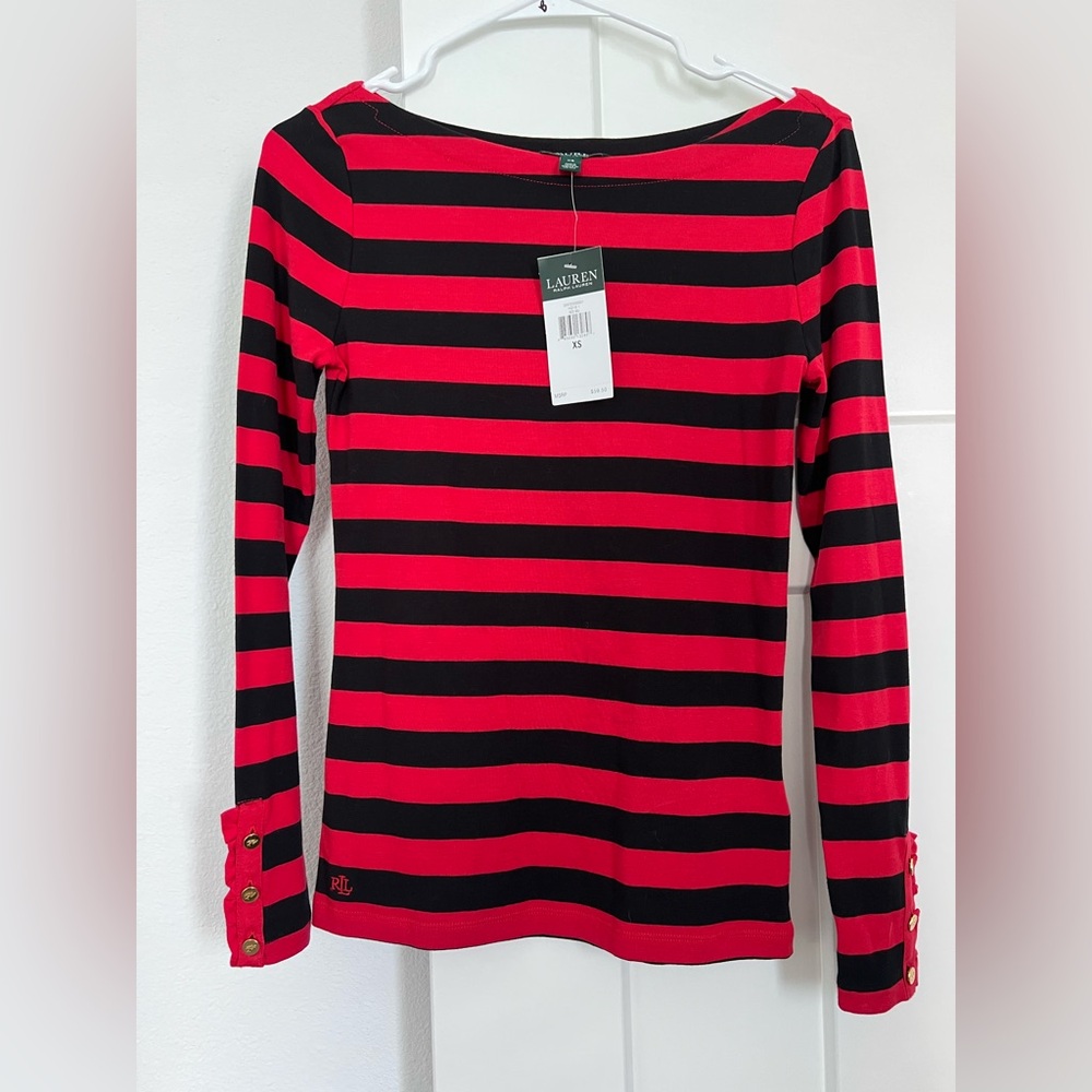 Lauren Ralph Lauren Red and Black Stripe Long-Sleeve Boatneck Top